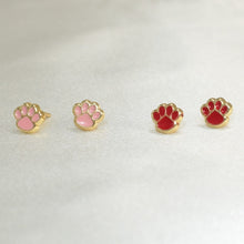 14K Solid Yellow Gold Puppy Paw Earrings, Red & Pink Screw Back Studs, Gift