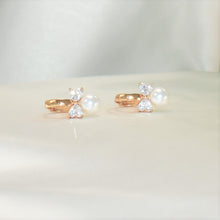 Dangly CZ Gold Plated Huggie Hoop Earrings with Pearl Drop, Bow/Ribbon Earrings