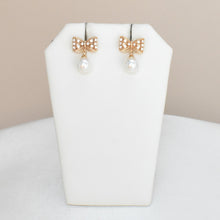 Dangly CZ Gold Plated Huggie Hoop Earrings with Pearl Drop, Bow/Ribbon Earrings