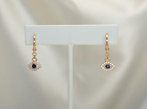 Blue Evil Eye Earring - Gold Plated Dangle Drop Hoop Huggies Protection Earrings