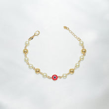 Evil Eye Pearl Protection Bracelet - Gold Plated Proteccion Pulsera 7.5'' - Gift for her