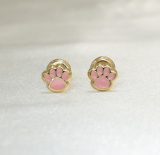 14K Solid Yellow Gold Puppy Paw Earrings, Red & Pink Screw Back Studs, Gift