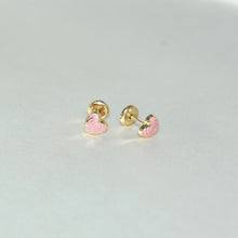 14K Solid Yellow Gold Heart Earrings, CZ Enamel Screw Back Stud Earrings, Gift For Babies