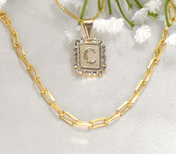 A-Z Initial Pendant Gold Plated Inital with Curb Chains Pendant Necklaces, PaperClip Layering Necklaces