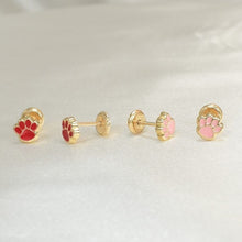 14K Solid Yellow Gold Puppy Paw Earrings, Red & Pink Screw Back Studs, Gift