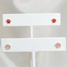 14K Solid Yellow Gold Puppy Paw Earrings, Red & Pink Screw Back Studs, Gift