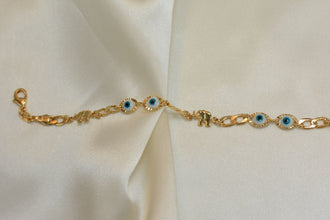 Blue Evil Eye, Elephant Gold Plated Protection Bracelet, 7.5 inch - For Her