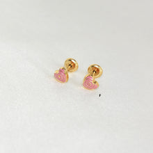 14K Solid Yellow Gold Heart Earrings, CZ Enamel Screw Back Stud Earrings, Gift for Babies