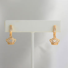 Gold Plated CZ Flower Huggies, Crown Earrings, Dangly Hoops, Quinceañera Jewelry, Minimalist Dangling Earrings, Bridesmaids Gift