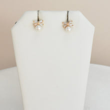 Dangly CZ Gold Plated Huggie Hoop Earrings with Pearl Drop, Bow/Ribbon Earrings