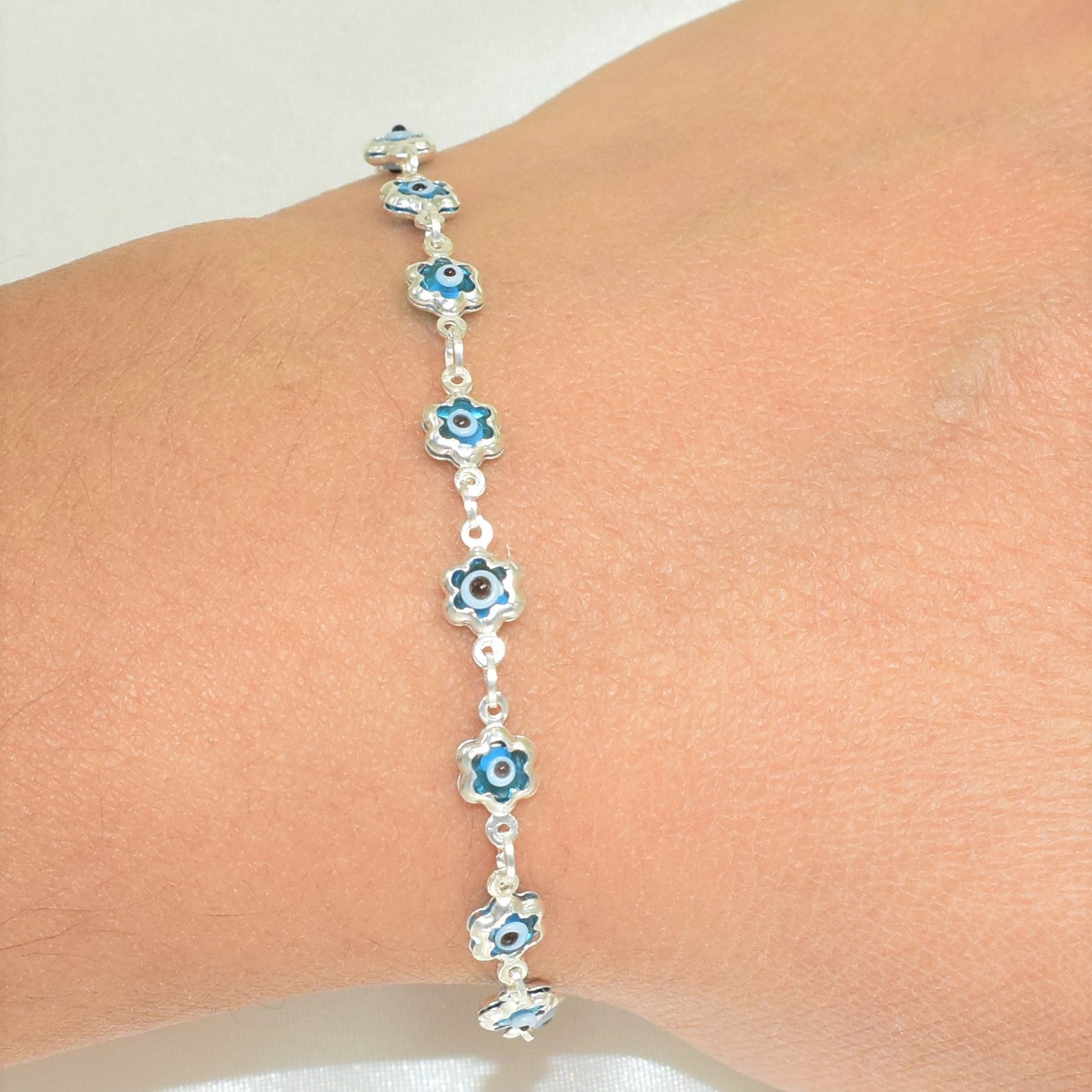 Blue Evil Eye Sterling Silver Bracelet Ojo Pulsera Protection Charm Gift for her