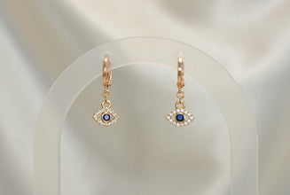 Blue Evil Eye Earring - Gold Plated Dangle Drop Hoop Huggies Protection Earrings