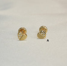 14K Solid Yellow Gold Heart Earrings, CZ Enamel Screw Back Stud Earrings, Gift for Babies