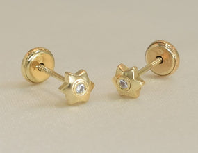 14K Solid Yellow Gold Star Earrings ,Dainty Screw Back CZ Studs, Gift For Her