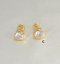 14K Solid Yellow Gold Heart Earrings, CZ Enamel Screw Back Stud Earrings, Gift for Babies