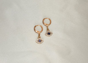 Blue Evil Eye Earring - Gold Plated Dangle Drop Hoop Huggies Protection Earrings