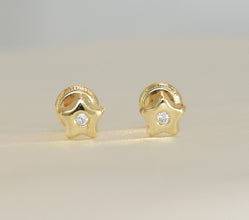 14K Solid Yellow Gold Star Earrings ,Dainty Screw Back CZ Studs, Gift For Her
