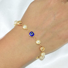 Evil Eye Pearl Protection Bracelet - Gold Plated Proteccion Pulsera 7.5'' - Gift for her