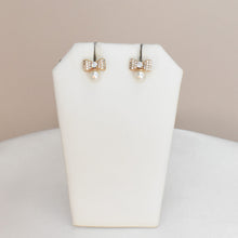 Dangly CZ Gold Plated Huggie Hoop Earrings with Pearl Drop, Bow/Ribbon Earrings
