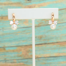 Dangly CZ Gold Plated Huggie Hoop Earrings with Pearl Drop, Bow/Ribbon Earrings
