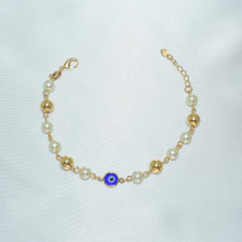 Evil Eye Pearl Protection Bracelet - Gold Plated Proteccion Pulsera 7.5'' - Gift for her