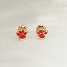14K Solid Yellow Gold Puppy Paw Earrings, Red & Pink Screw Back Studs, Gift