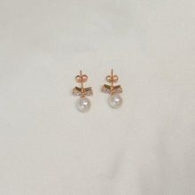 Dangly CZ Gold Plated Huggie Hoop Earrings with Pearl Drop, Bow/Ribbon Earrings