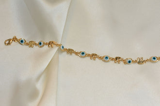 Blue Evil Eye, Elephant Gold Plated Protection Bracelet, 7.5 inch - For Her