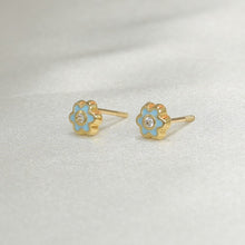 14K Solid Yellow Gold Flower Earrings, Screw Back Blue Enamel Studs,Gift For Her