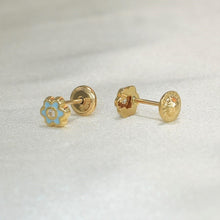 14K Solid Yellow Gold Flower Earrings, Screw Back Blue Enamel Studs,Gift For Her