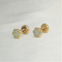 14K Solid Yellow Gold Flower Earrings, Screw Back Blue Enamel Studs,Gift For Her