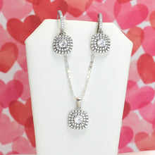 Sterling Silver Round Cut Square CZ Stone Earring and Necklace Jewelry Set