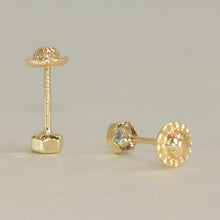 14K Solid Yellow Gold Hexagon Earrings, Dainty CZ, Screw Back Studs, Gift for Her