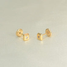 14K Solid Yellow Gold Square Earrings, CZ, Dainty Screw Back Studs, Gift for Her