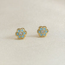 14K Solid Yellow Gold Flower Earrings, Screw Back Blue Enamel Studs,Gift For Her