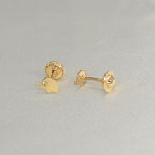 14K Solid Yellow Gold Baby Elephant Earrings, Round Screw Back CZ Studs, Gift.