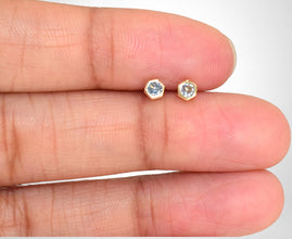 14K Solid Yellow Gold Hexagon Earrings, Dainty CZ, Screw Back Studs, Gift for Her