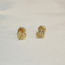 14K Solid Yellow Gold Heart Earrings, CZ Screw Back Stud Earrings, Gift For her