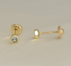 14K Solid Yellow Gold Hexagon Earrings, Dainty CZ, Screw Back Studs, Gift for Her